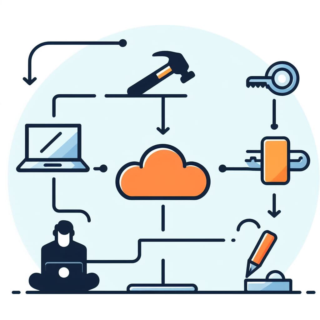 various tech and build icons in a flow graph